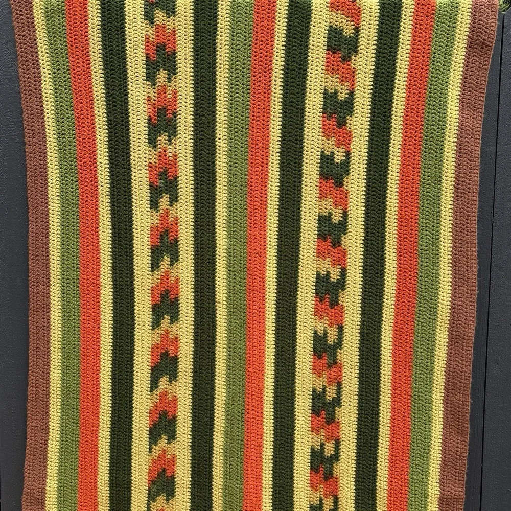 VTG Handmade Crochet Boho Southwestern Afghan Throw 66X88 Cottage Stripe 70s